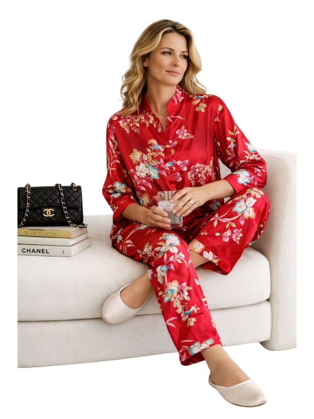 Vintage Oscar De La Renta Pink Label Floral Red Satin Pajama Set Women M Luxury